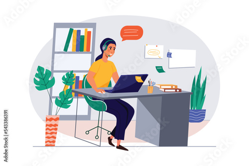 Concept call center with people scene in the flat cartoon design. Call center employee answers the client's question. Vector illustration.