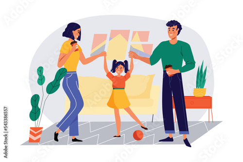 Family activity concept with people scene in the flat cartoon style. Parents play sports games with their little daughter. Vector illustration.
