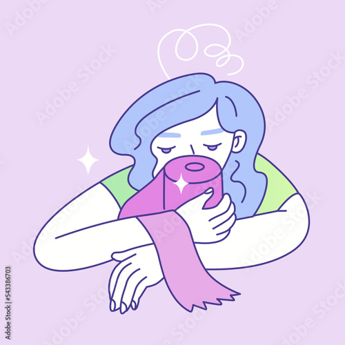 The girl lies in an embrace with a roll of toilet paper. Intestinal infection, diarrhea, constipation. Symptoms of premenstrual syndrome. The health of the female body. Woman period problems. Vector