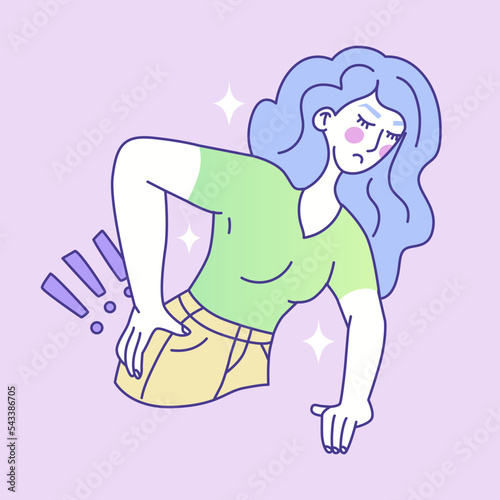 The girl is holding her lower back because of back pain. Muscle clamp, curvature of the spine. Symptoms of premenstrual syndrome. The health of the female body. Woman period problems. Vector