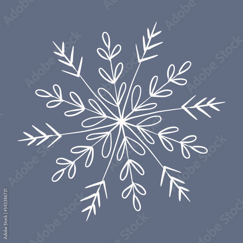 Snowflake in doodle style, winter holiday decoration on background.