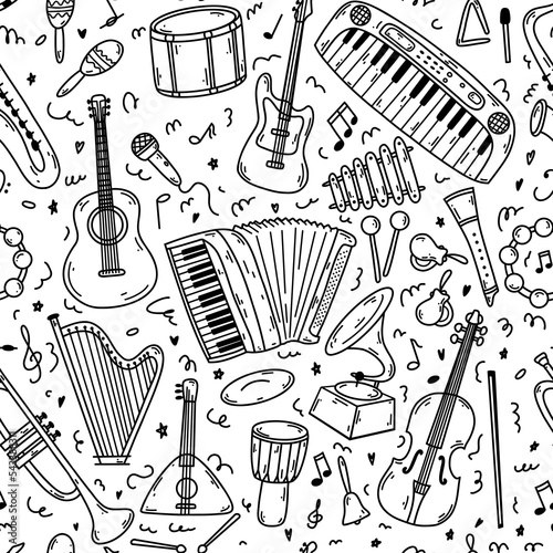Seamless pattern with hand drawn doodle musical instruments. Vector sketch illustration set, black outline art collection for web design, icon, print, coloring page