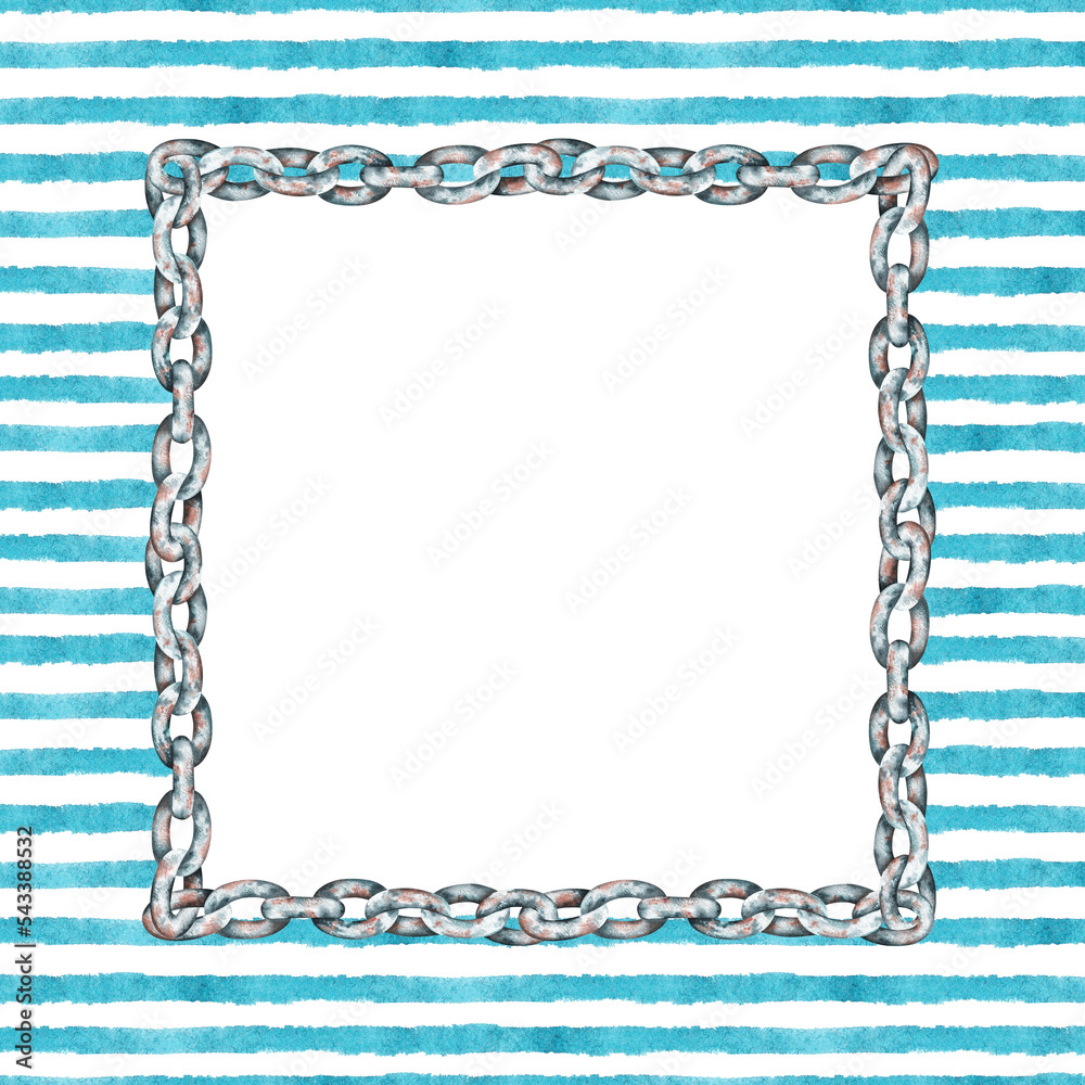 Chain square frame on a striped background. Watercolor illustration. Place for text. Chain square frame on a striped background. Watercolor illustration. Place for text.