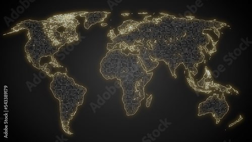 World map digital abstract technology with worldwide network data all over Earth continents. World map concept with gold light and golden dots on black background. Digital world map.