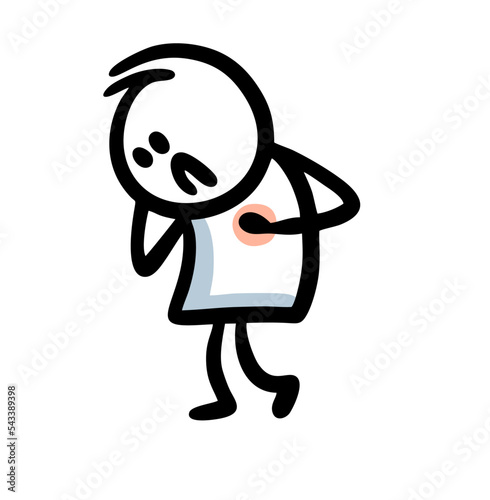 Very sad doodle character bending over in cordial ache and holding the heart with hand.