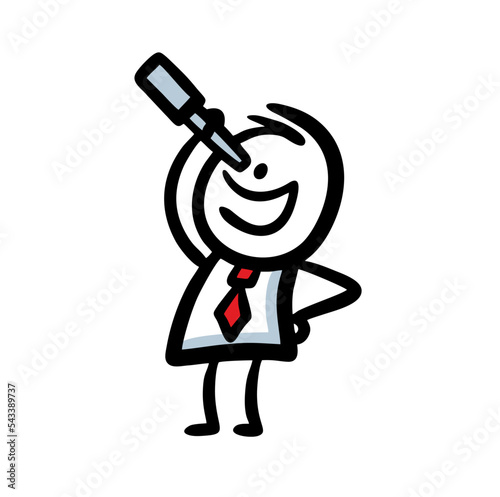 Funny male character in costume and office dress code tie looking through telescope on the stars.