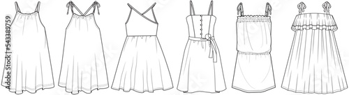 girls strappy dress flat sketch vector illustration a line summer beach dress, sundress technical cad drawing template photo