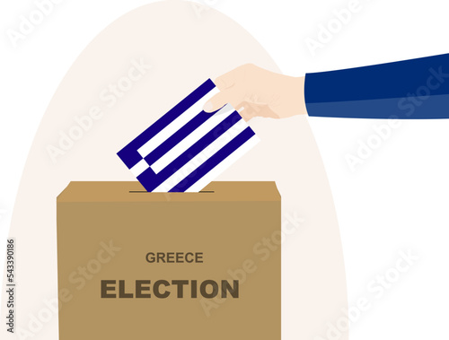 Greece election and vote concept, man hand and ballot box, election day, Greece flag vector