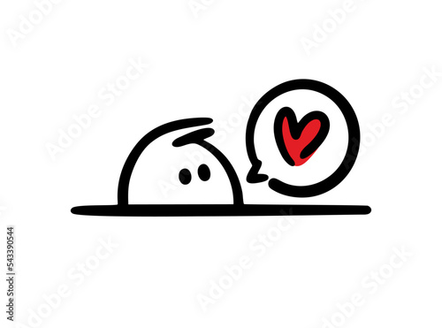 Funny doodle character sticking out from the hole and talking of love with heart in comics bubble.