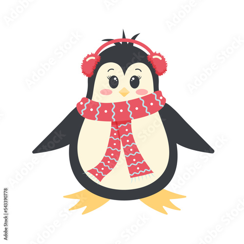 Cute penguin in winter headphones and scarf. Antarctic bird, cartoon character isolated on white background.