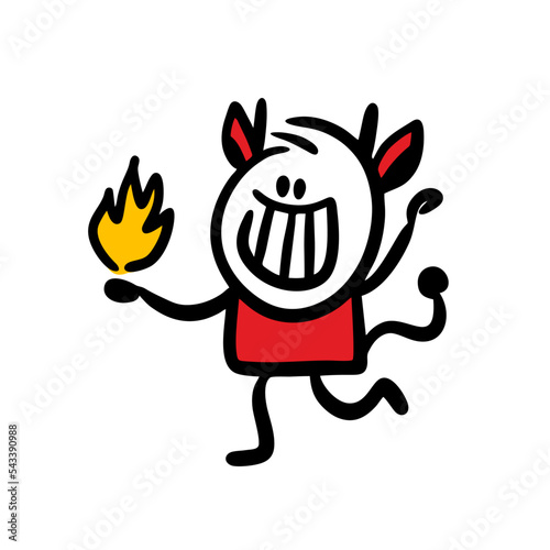 Happy devil character with small horns and open fire in hand.