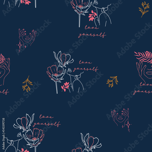 Cute, celestial, line art, girl conversational, sleepwear, positive letter and words seamless pattern print background with hearts for fashion, textile, thanksgiving, christmas, tshirt, girls, kids, 