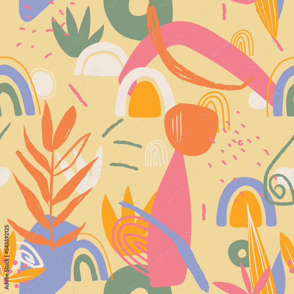 Colorful, abstract shapes, seamless pattern. Sketch flat drawing. Botanical collage in modern trendy style. Organic Shapes, hand drawn motifs. Pastel, colorful, rustic colors Colorful, abstract shapes, seamless pattern. Sketch flat drawing. Botanical collage in modern trendy style. Organic Shapes, hand drawn motifs. Pastel, colorful, rustic colors