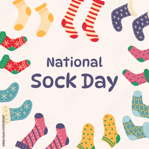 National Sock Day. Various type of colorful woolen knitted socks. Holiday poster, banner, template.