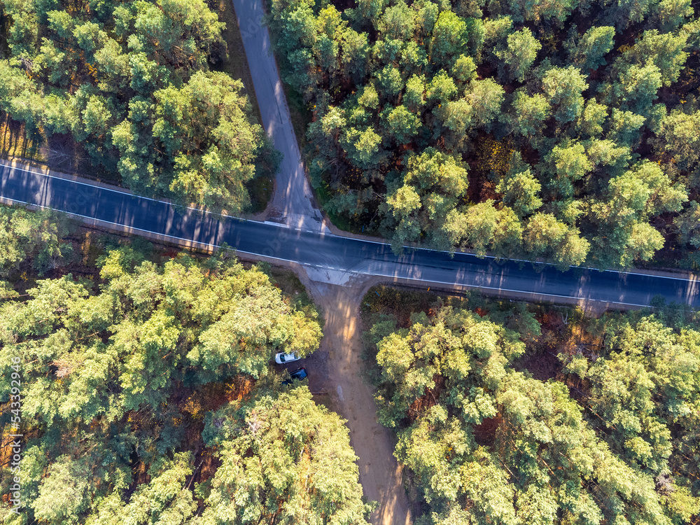 The road as seen from above. Street , road, trees, forest, drone photo, bird's eye view photo.