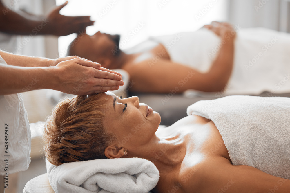 Woman, head and spa massage of couple at beauty salon, holiday resort and  wellness vacation, face cosmetics and peace in Bali. Black woman, luxury  facial and relax treatment from skincare therapist Stock