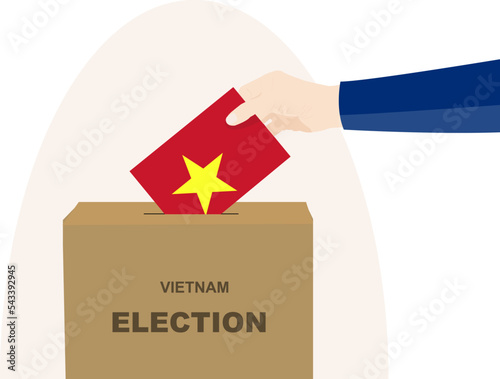 Vietnam election and vote concept, man hand and ballot box, election day, Vietnam flag vector