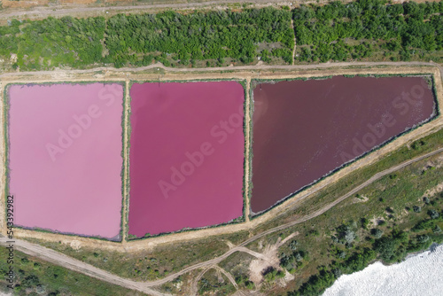 Colorful water ponds, aerial view, flat