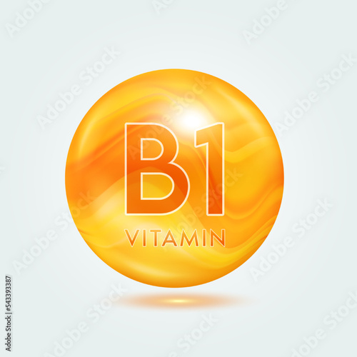 Vitamin B1 capsule orange golden. Beauty nutrition skincare. Vitamins complex isolated on gray background. For product design. Medical and scientific concepts. Icon 3D Vector EPS10.