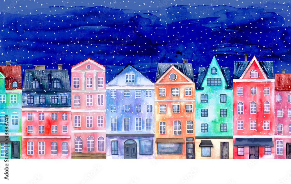 Hand drawn watercolor collage houses in bright colors, winter night sky, snowflakes