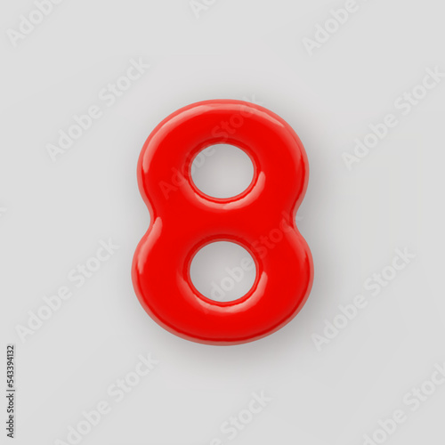 3D Red plastic number 8 with a glossy surface on a gray background.