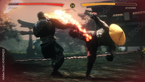 Gameplay of the newest internet multiplayer fighting video computer game. Characters punching each other in the fighting video game. Winning a round of the combat fighting video game championship. photo
