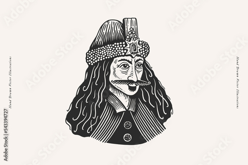 Vampire Count Dracula in engraving style. Hand drawn portrait of Vlad Tepes on a light background. Famous literary and historical character. Vector isolated illustration. photo