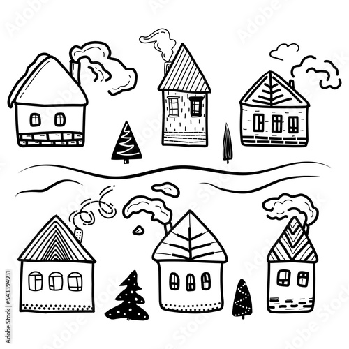 Set with Christmas snow houses in doodle style.