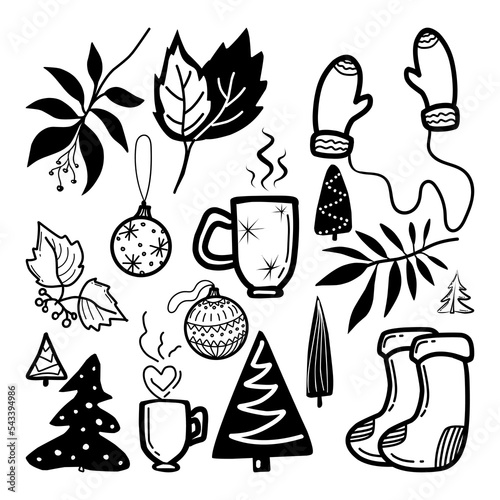 Set with Christmas elements in doodle style.