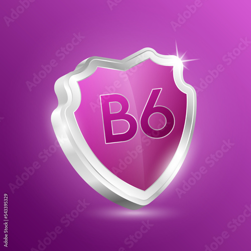 Vitamin B6 shield protected guard isolated on purple background. Protect the body stay healthy. For nutrition products food and meds for heath flu. Medical concepts. 3D Vector illustration.