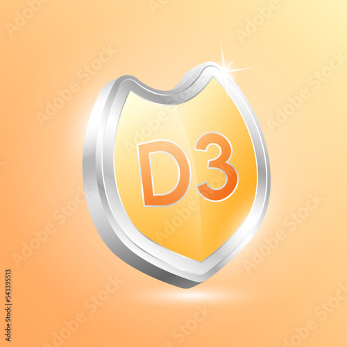 Vitamin D3 shield protected guard isolated on orange background. Protect the body stay healthy. For nutrition products food and meds for heath flu. Medical concepts. 3D Vector illustration.
