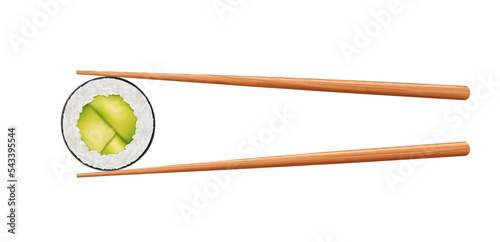 Chinese sticks with sushi roll, sake maki with avocado. Asian food.