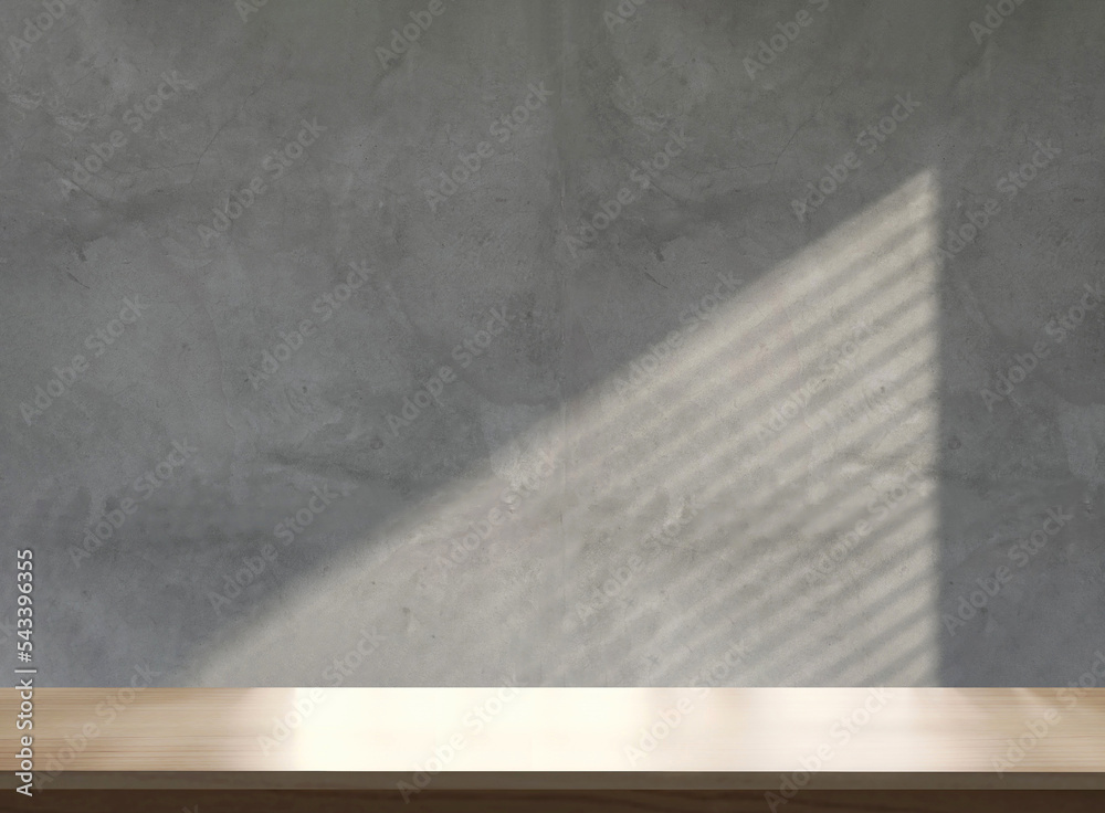 Wooden table counter top with cement wall in background with sunlight and shadow from window blinds for luxury beauty, organic, health, cosmetic, jewelry fashion product display Wooden table counter top with cement wall in background with sunlight and shadow from window blinds for luxury beauty, organic, health, cosmetic, jewelry fashion product display