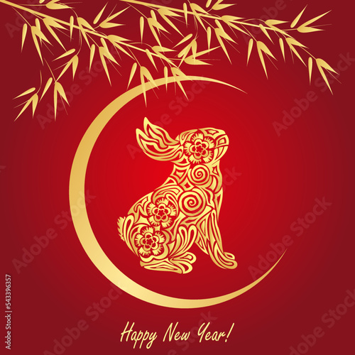 Chinese New Year 2023, zodiac sign Rabbit, golden rabbit with bamboo on red background for greeting cards, flyers, posters, vector illustration.