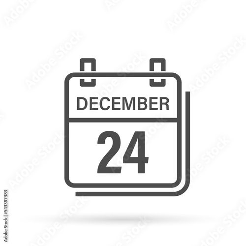 December 24, Calendar icon with shadow. Day, month. Flat vector illustration.	