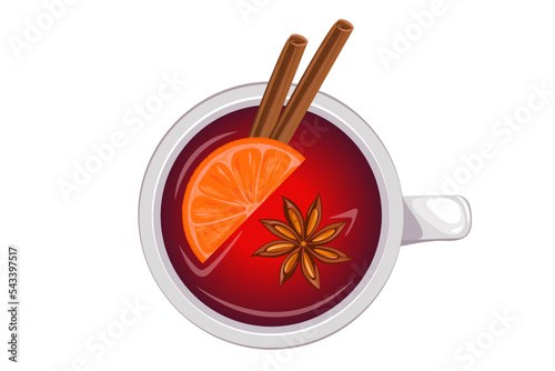 Mulled wine in a cup, top view.Winter drink with anise, orange slice, cinnamon.Christmas drink.Vector illustration.