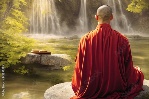 Valokuvatapetti illustration of shaolin monk sitting in lotus position on a rock and meditating
