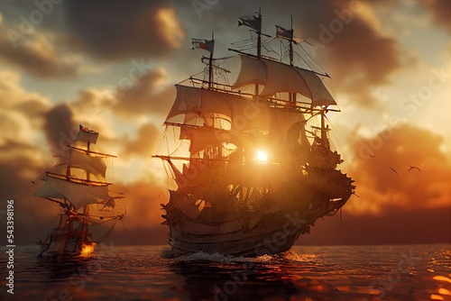  A pirate ship on the ocean at sunset. 16th-century sailing galleon traveling the Seven seas. 3D rendering. photo
