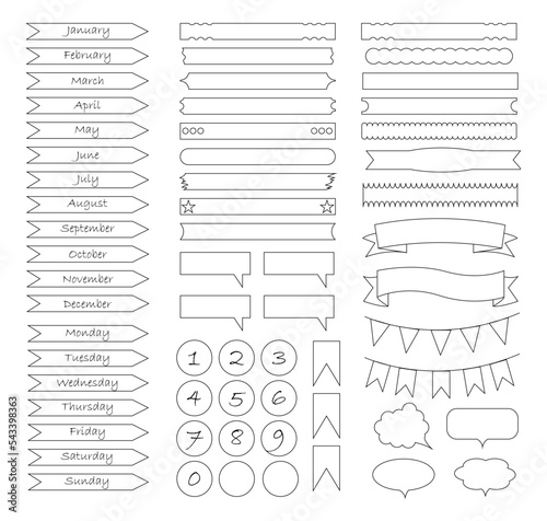 Geometric set of frames and speech bubbles. Various arrows, ribbons and lines. Horizontal wipeout. Linear style. Vector stock illustration. All objects are isolated. Simple doodle style.
