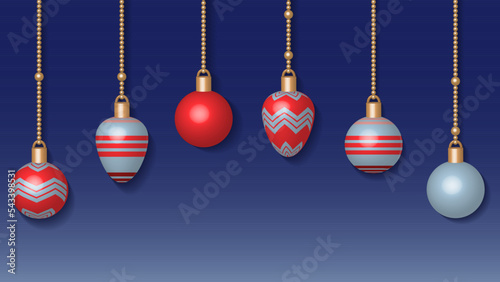 3d baubles banner. New year background. Christmas tree decoration. Vector illustration.