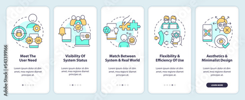 User experience key design principles onboarding mobile app screen. Walkthrough 5 steps editable graphic instructions with linear concepts. UI, UX, GUI template. Myriad Pro-Bold, Regular fonts used