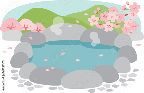 桜の花びらの散る春の露天風呂