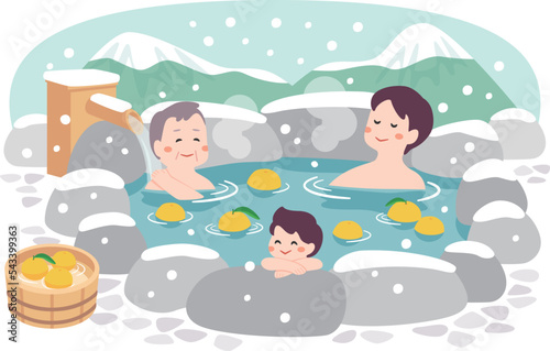 冬の露天風呂に入る男性たち
