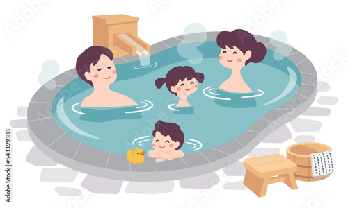 温泉に入る家族のイラスト