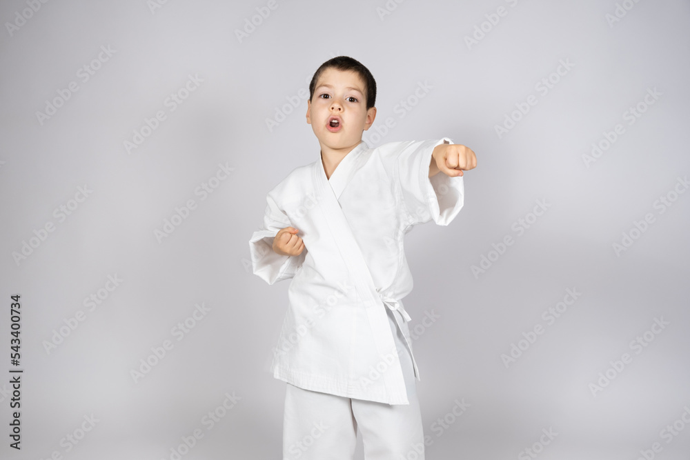 A little boy in kimono practices karate, makes punches with his hands forward. A little boy in kimono practices karate, makes punches with his hands forward.