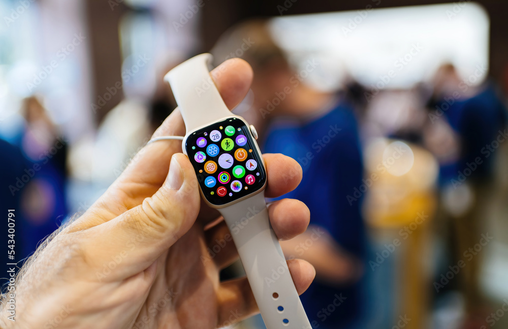 Paris, France - Oct 28, 2022: New Apple Watch Series 8 with white band  inside Apple Store with genius workers serving customers - all apps  applications on display screen Stock-Foto | Adobe Stock