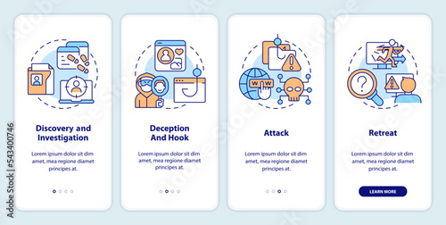 Phases of social engineering attacks onboarding mobile app screen. Walkthrough 4 steps editable graphic instructions with linear concepts. UI, UX, GUI template. Myriad Pro-Bold, Regular fonts used