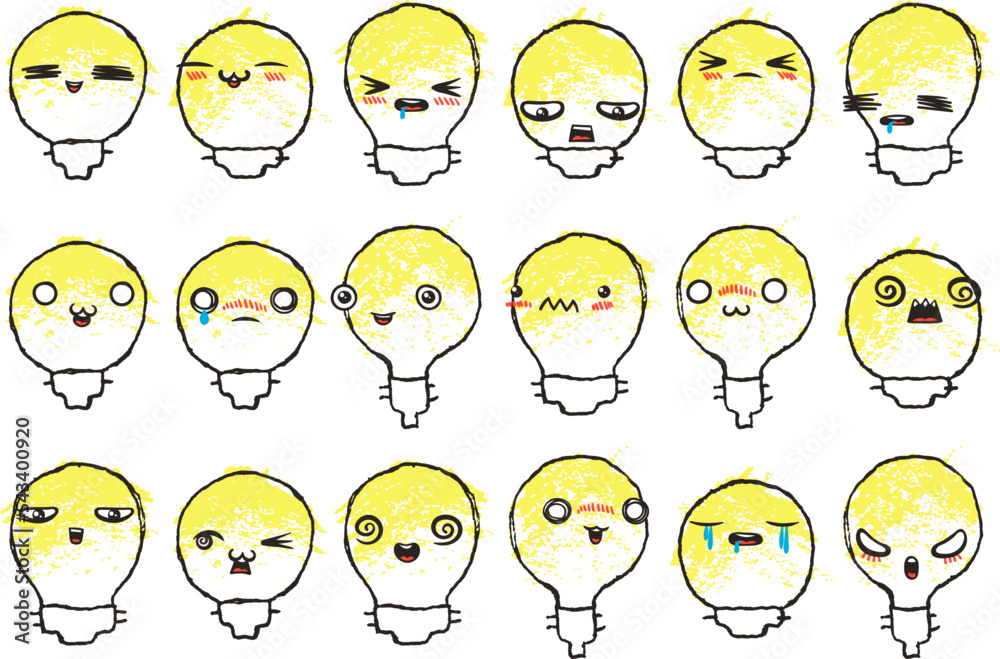 Set of Various Cartoon Bulbs with Emoticons. Doodle lightbulb, ideas, eyes and mouth. Caricature comic expressive emotions, smiling, crying and surprised character face expressions Set of Various Cartoon Bulbs with Emoticons. Doodle lightbulb, ideas, eyes and mouth. Caricature comic expressive emotions, smiling, crying and surprised character face expressions
