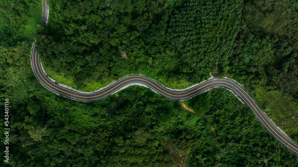 beautyfull curve road on green forest in the rain season background, rural routes connecting cities in the north of thailand