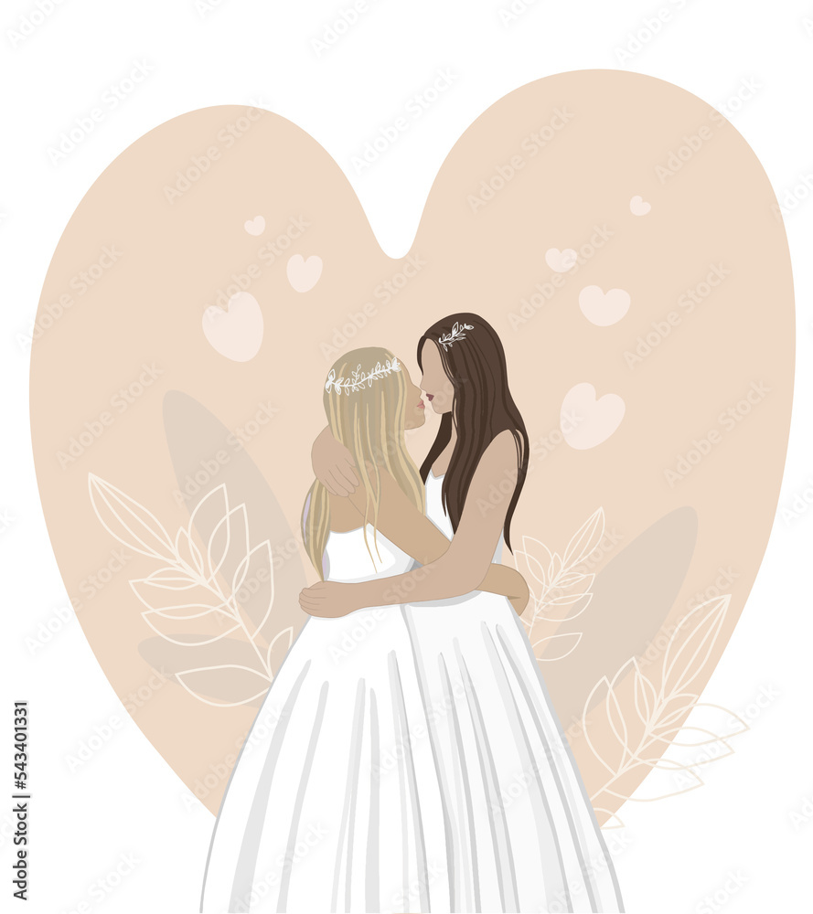 LGBT Woman couple - two young girls in wedding dress on a heart shape background. Flat illustration of lesbian couple. LGBT concept, wedding card, web illustration. LGBT Woman couple - two young girls in wedding dress on a heart shape background. Flat illustration of lesbian couple. LGBT concept, wedding card, web illustration.